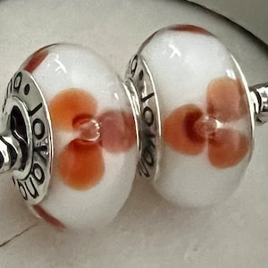 2 charms for Pandora Murano dark orange flower on 925 sterling silver cores