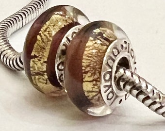 2 charms for Pandora Murano Cranberry Gold ribbon 925 sterling silver cores