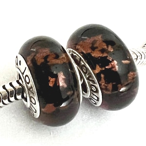 2 charms for Pandora black Murano rose gold inside 925 sterling silver cores
