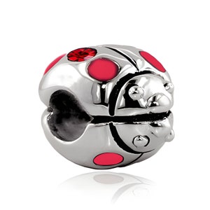 Charm for Pandora , 925 sterling silver Ladybug charm with Red Austrian Crystal and Red Enamel