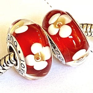 2  charms for Pandora Red white Daisy flowers 925 sterling silver cores