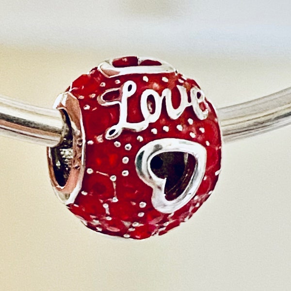 Charm for Pandora , 925 sterling silver Love charm with Red Austrian Crystals