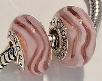 2 charms for Pandora , pink wave Murano charms 925 sterling silver cores