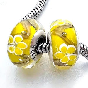 2 Charms for pandora Yellow buttercup Flower  Murano 925 sterling silver cores