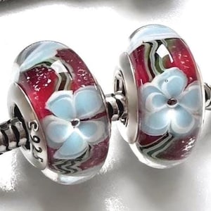 2 charms for Pandora Murano Aqua flower on Red 925 sterling silver cores