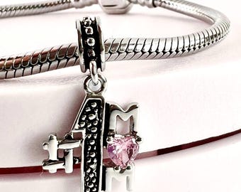 Bestes Geschenk für Mama Charm für Pandora 925 Sterling Silber No.1 MOM Dangle rosa Kristall Herz