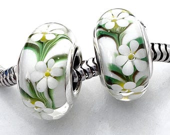 2 charms for Pandora white Daisy Murano charms 925 sterling silver cores