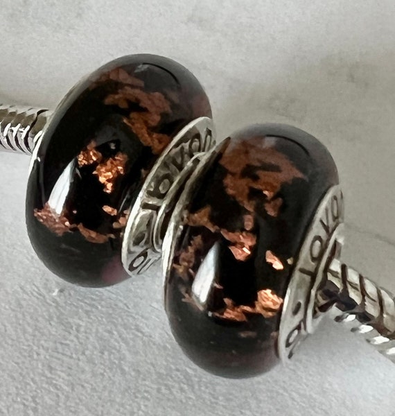 2 charms for Pandora black Murano rose gold inside 925 sterling silver cores