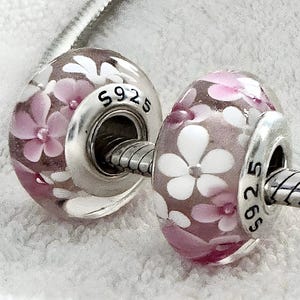 2 Charms for Pandora Pink and white  Cherry Blossom on light pink Murano 925 sterling silver cores