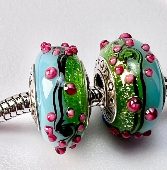 2 Charms for Pandora Pink Flower Under Blue Sky on Green Belt Murano 925 Sterling Silver Cores Etsy