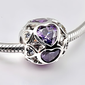 Charm for Pandora 925 Sterling Silver Large Love Heart  Purple,  Pink Crystals