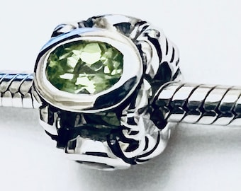 Charm for Pandora 925 sterling silver Modern Design with genuine Peridot Gemstones(August Birthstone)