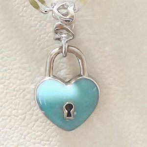 Charm for Pandora 925 sterling silver Heart Lock Dangle  one side Blue enamel , other side crystal paved