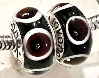 2 Charms for Pandora black Murano white circle brown 925 sterling silver cores