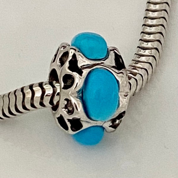 Charm for Pandora , 925 sterling silver charm with Pretty Blue Turquoise Gemstones