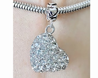 Charm for Pandora 925 sterling silver Love Heart Diamond color, light Aqua-blue crystals paved  dangle