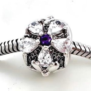 Charm for Pandora  925 sterling silver Flower with Clear Crystals and Amethyst gemstones