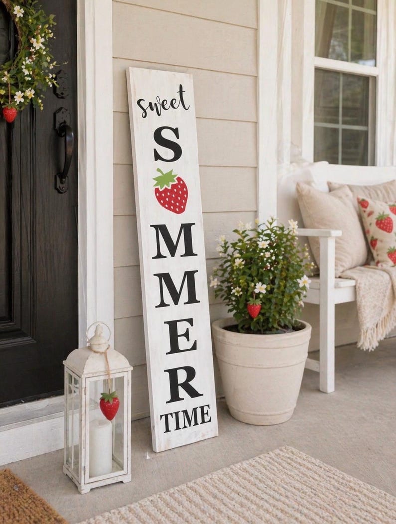 Sweet Summertime Strawberry Porch Sign, Rustic Farmhouse Summer Decor ...