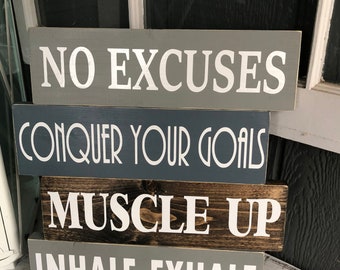 No Excuses|Conquer Goals|Gym Sign|Home Gym Decor|Inspirational Sign|Gym Inspiration|Workout Inspiration|Fitness Room Decor|Health Room