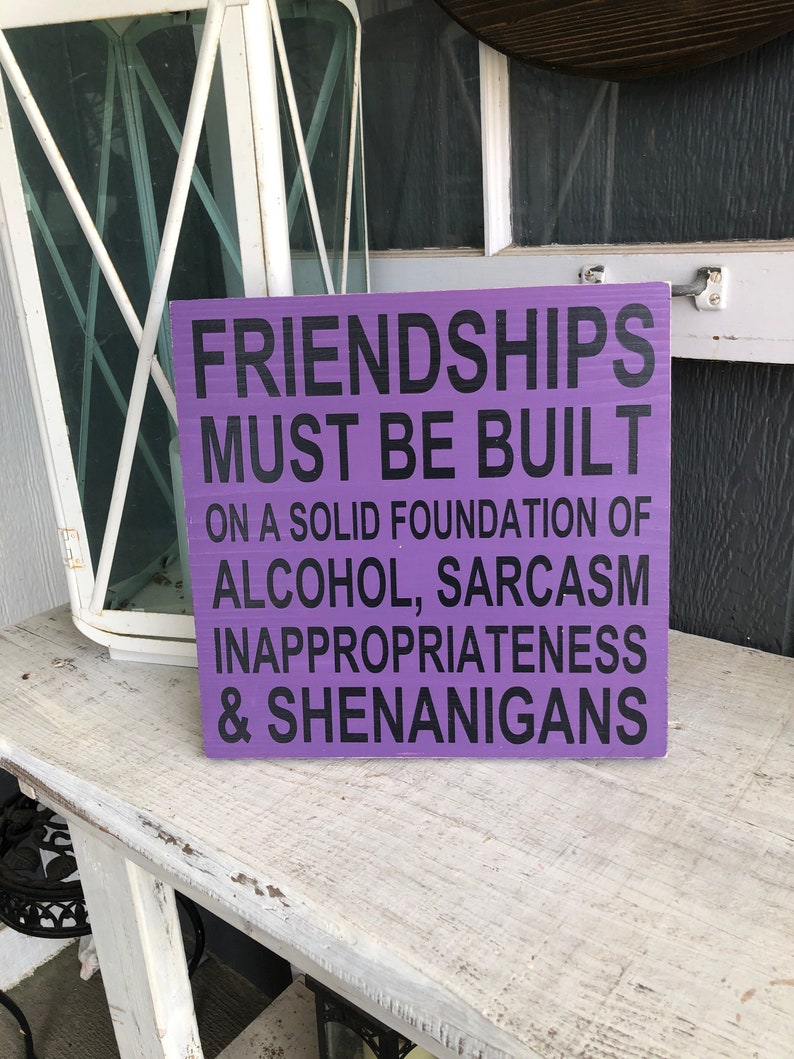 May include: Purple wooden sign with white lettering that reads "Friendships must be built on a solid foundation of alcohol, sarcasm, inappropriateness & shenanigans."