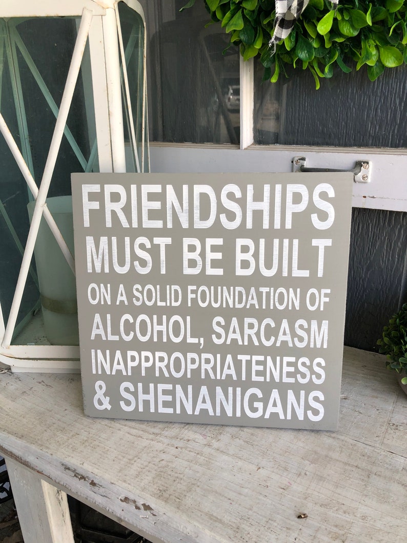 May include: A grey wooden sign with white text that reads "Friendships must be built on a solid foundation of alcohol, sarcasm, inappropriateness & shenanigans."