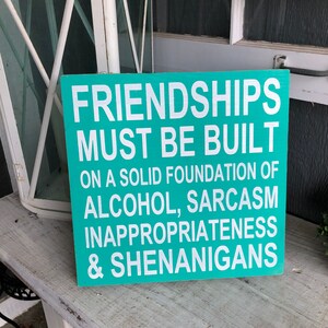 May include: A teal wooden sign with white text that reads "Friendships must be built on a solid foundation of alcohol, sarcasm, inappropriateness & shenanigans."