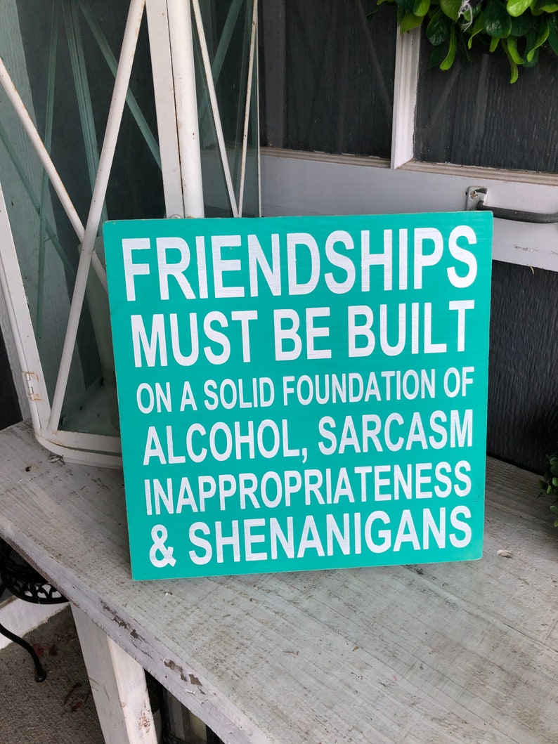 May include: A teal wooden sign with white text that reads "Friendships must be built on a solid foundation of alcohol, sarcasm, inappropriateness & shenanigans."