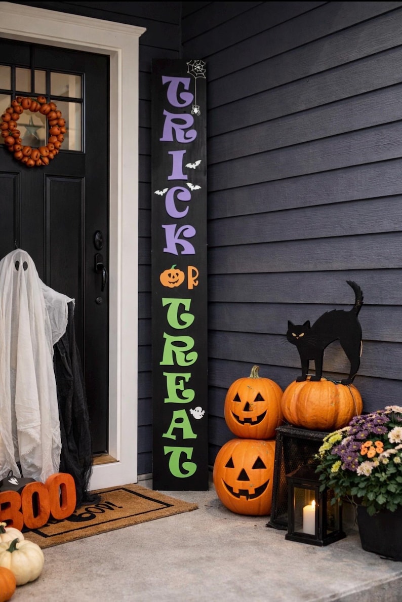 Trick Or Treat Sign|Tall Trick Or Treat Sign|Halloween Porch Decor|Outdoor Halloween Decor|Trick Or Treat Decor|Happy Halloween Sign|Fall image 1