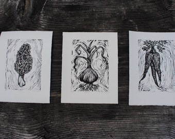 Vegetable Linoleum Block Prints - Garlic, Carrots, Morel, Beet
