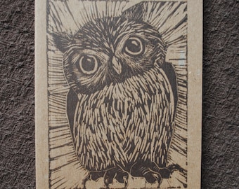 Owl Block-Printed Journal - Small Linocut Kraft Paper Journal - Blank or Lined