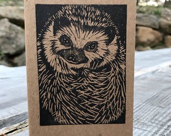 Hedgehog Block Printed Journal - Small Linocut Kraft Paper Journal - Blank or Lined