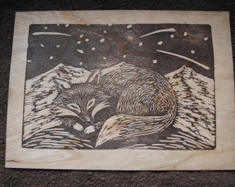 Original Block Print on Wood Veneer - Linocut Wooden Postcard