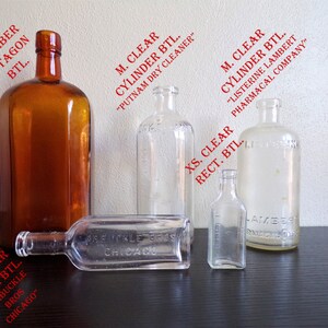 May include: Five glass bottles of various shapes and sizes. The bottles are clear and amber in color. The bottles have labels with text that includes "Putnam Dry Cleaner", "Listerine Lambert Pharmacal Company", "Arbuckle Bros Chicago", and "Chicago".