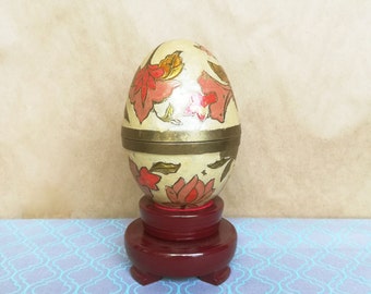 Enameled Brass Trinket Egg | Floral Design on Stand | Fabergé Style Décor | Jewelry & Keepsake Box