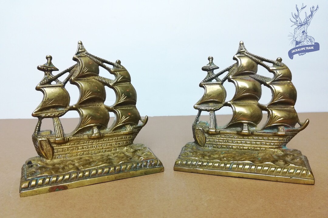 Vintage Ship Bookends Genuine Solid Brass Bookshelf Organizer Vintage