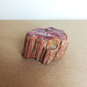 May include: A piece of petrified wood with a reddish-brown color and a natural, rough texture. The wood has a layered, striated pattern and a few areas of a lighter, almost translucent, reddish-purple color.