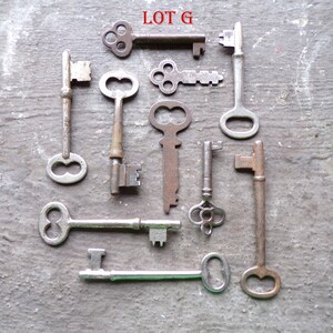 May include: A collection of ten antique keys, some with intricate designs, arranged on a gray textured surface. The keys are made of metal and have a variety of shapes and sizes. The text "LOT G" is written in red letters at the top of the image.