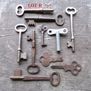 May include: A collection of ten antique keys, some with intricate designs, arranged on a gray textured surface. The keys are made of metal and have a variety of shapes and sizes. The text "LOT H" is visible in the top left corner of the image.