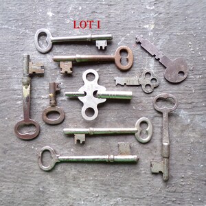 May include: A collection of ten antique keys, some with intricate designs, on a gray surface. The keys are made of metal and have a variety of shapes and sizes. The text "LOT I" is written in red at the top of the image.