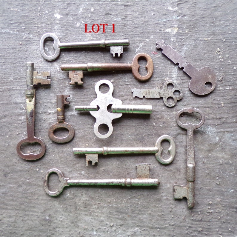 May include: A collection of ten antique keys, some with intricate designs, on a gray surface. The keys are made of metal and have a variety of shapes and sizes. The text "LOT I" is written in red at the top of the image.