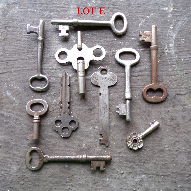 May include: A collection of ten antique keys, some with intricate designs, arranged on a gray surface. The keys are made of metal and have a variety of shapes and sizes. The text "LOT E" is written in red at the top of the image.