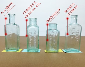 Choice of Antique Aqua Glass Medicine Bottles - Vintage American Apothecary - Made in USA