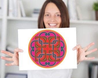 May include: A white card with a colorful mandala design. The mandala is a circular pattern with intricate details in shades of red, orange, yellow, blue, and purple. The mandala is surrounded by a white border.