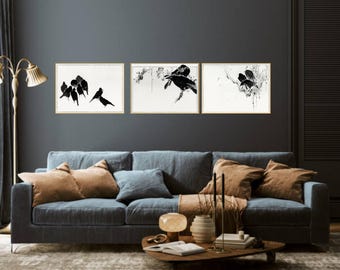 Set of 3 - Japanese Crows Perched on a Branch by Seitei Kacho Gafu - Art Print, Poster, Home Decore, Wall Art, Vintage