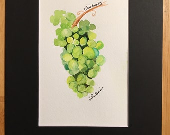 Original watercolor painting of Chardonnay grapes, original impressionistic Wine country Art