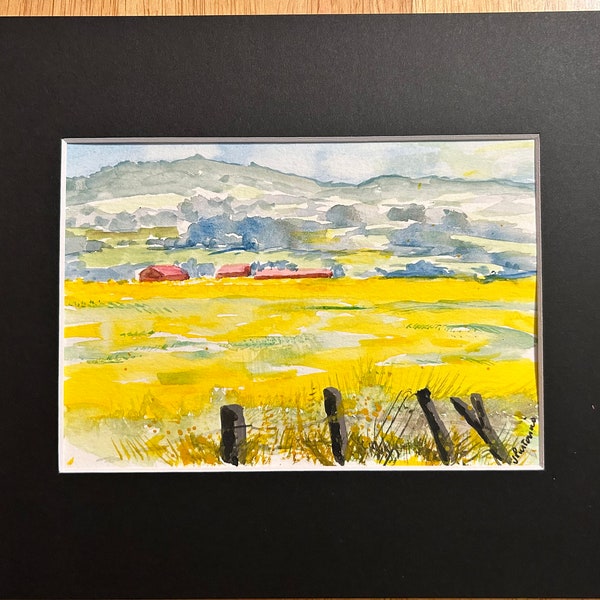 Original Aquarell Landschaft, Senfblüte, Sonoma County, Kalifornien