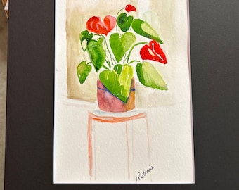 Original watercolor, art, anthuriums in the sun, red anthorium plant