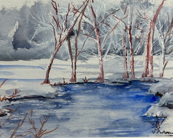 Original watercolor, snowy landscape, original small art