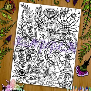 Printable Coloring Page - Floral Henna Design - PDF and JPG Download