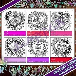 Printable Coloring Page - Valentine's Day Cards (Set of 6) - PDF Download